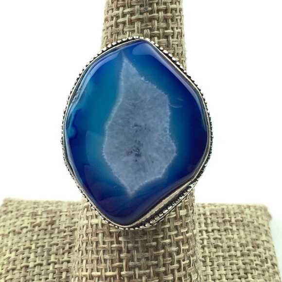 New Blue Solar Quartz Crystal Stone Silver Overlay Ring Size 7 - Picture 4 of 12